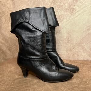 Vintage 70s Cobbies Black Leather Kitten Heel High Ankle Fold Over Slouch Boot